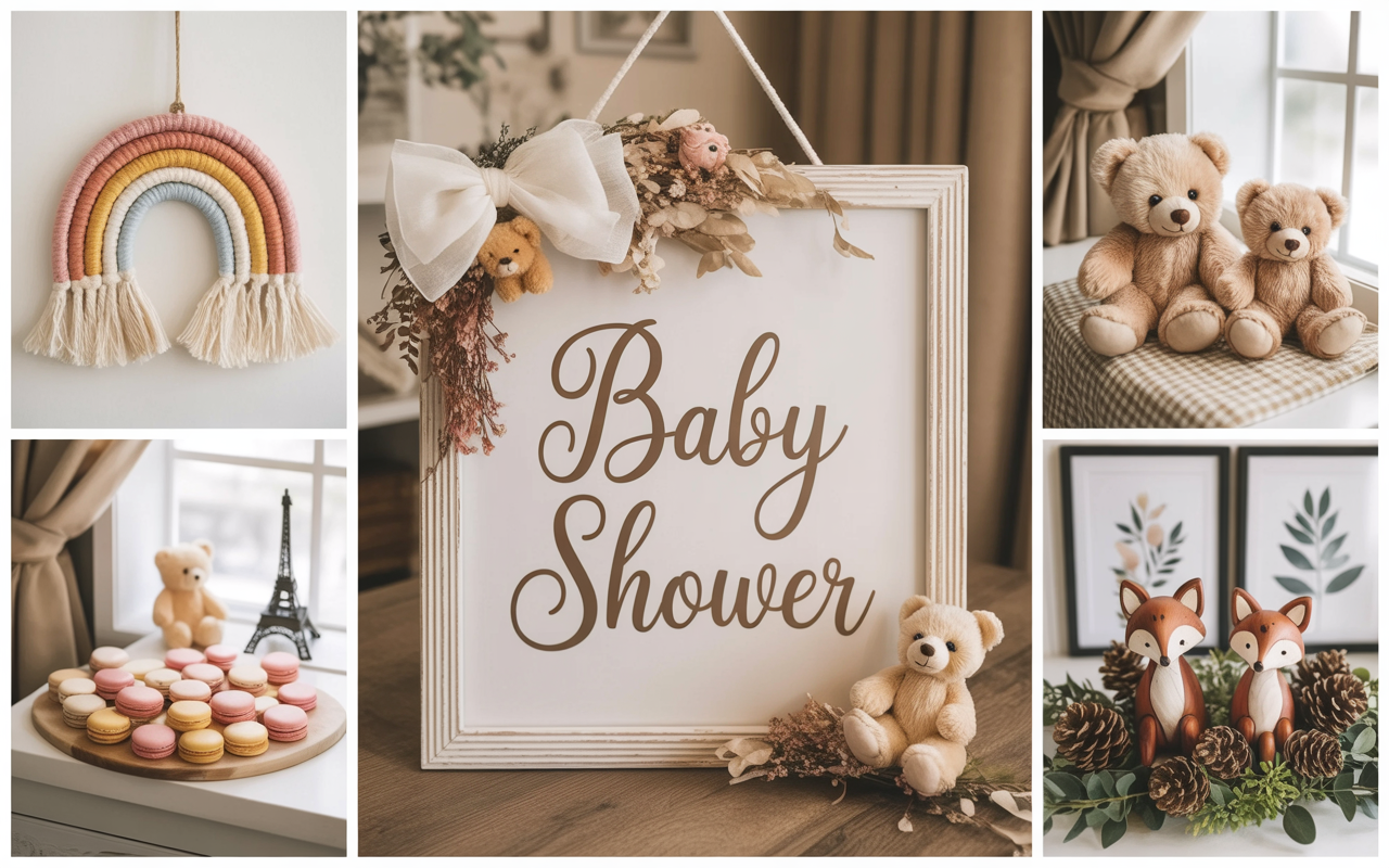 Neutral-toned baby shower decorations including a framed “Baby Shower” sign, plush teddy bears, woodland fox figurines, macarons, and a rainbow wall hanging