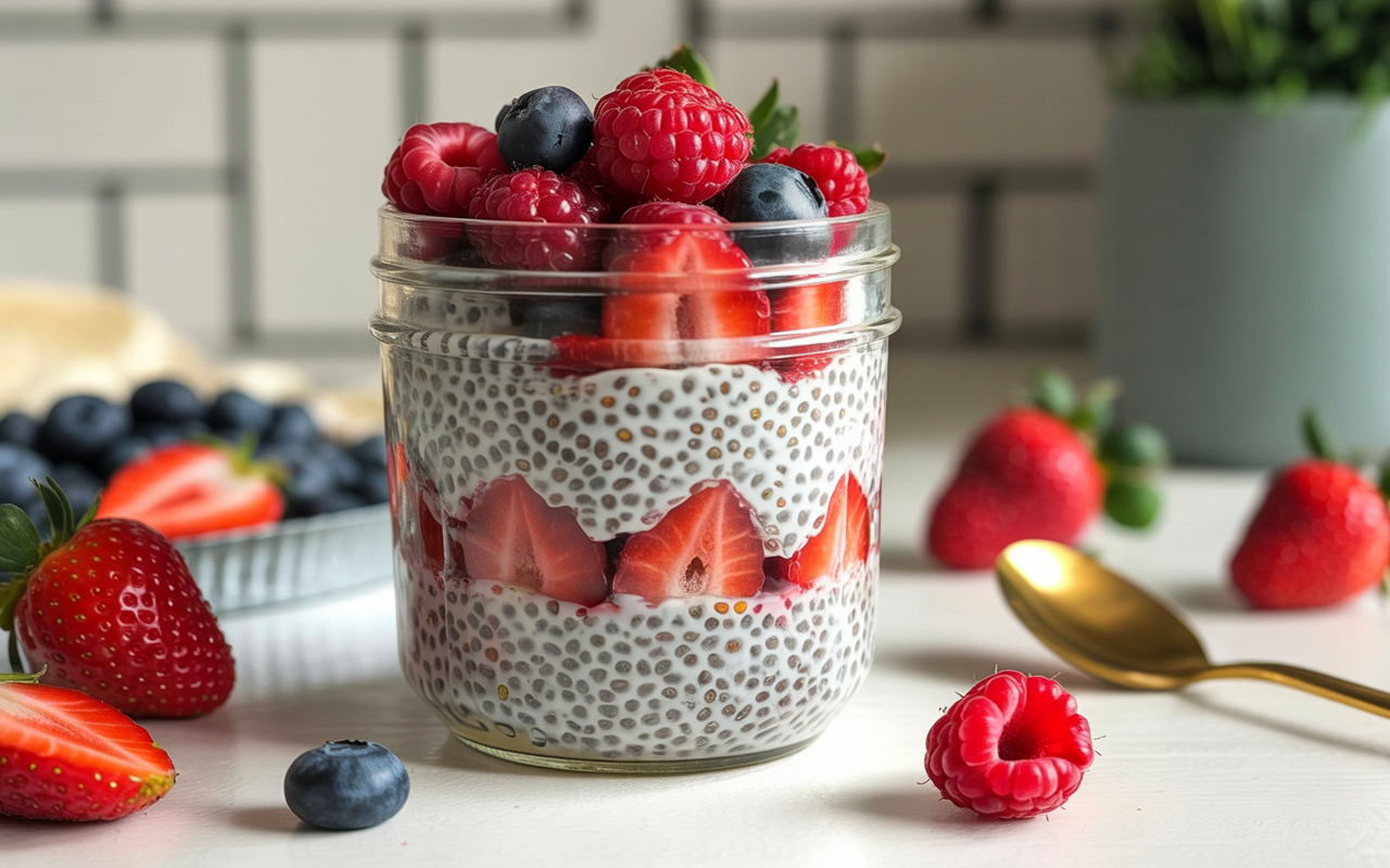 A glass jar filled with chia seed pudding layered with fresh strawberries, raspberries, blueberries, and coconut milk, styled on a white kitchen counter with a golden spoon and scattered berries.