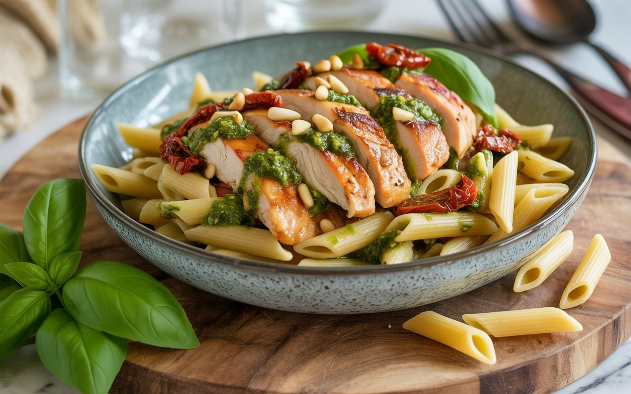 Grilled chicken penne pasta with pesto, sun-dried tomatoes, and pine nuts