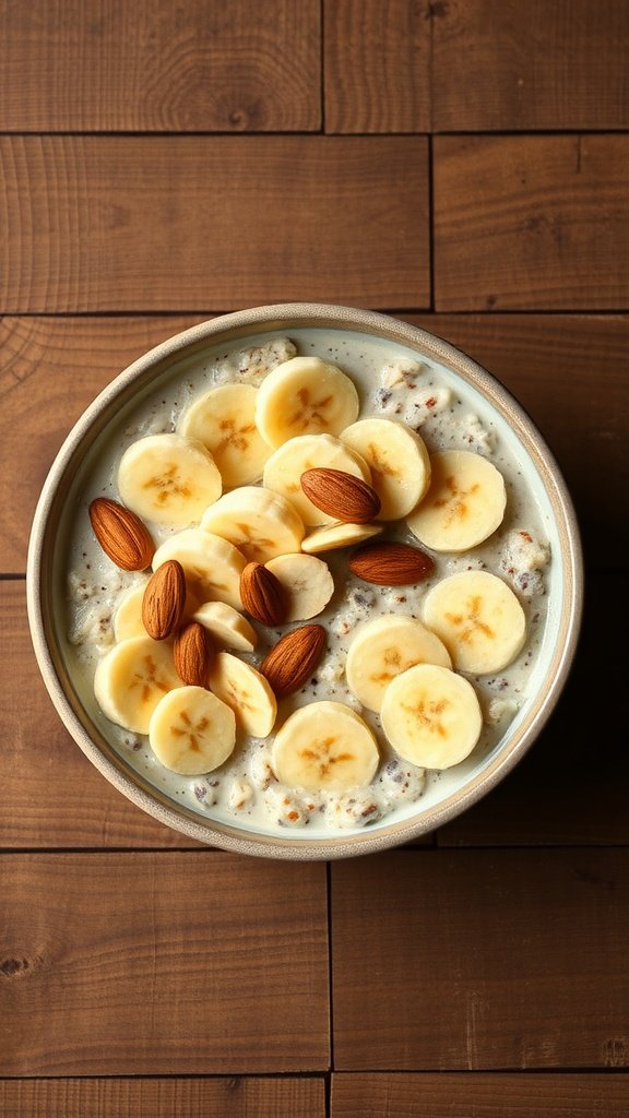 Bowl of almond butter banana overnight oats topped with banana slices and almonds on a wooden surface.