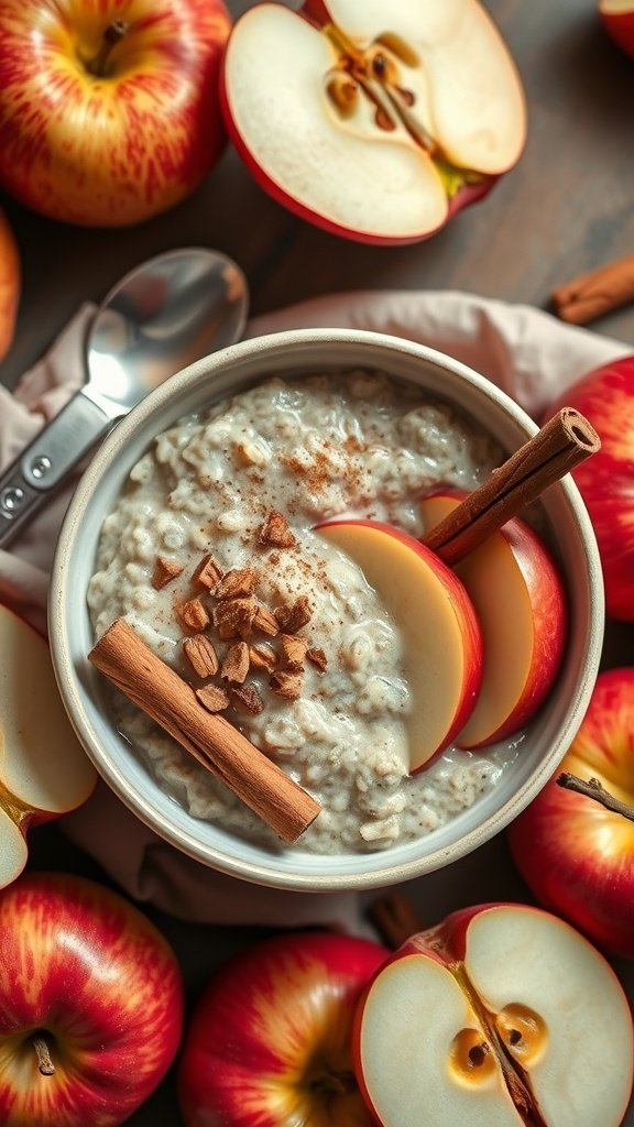 A bowl of apple cinnamon overnight oats with apple slices and cinnamon sticks, surrounded by fresh apples.