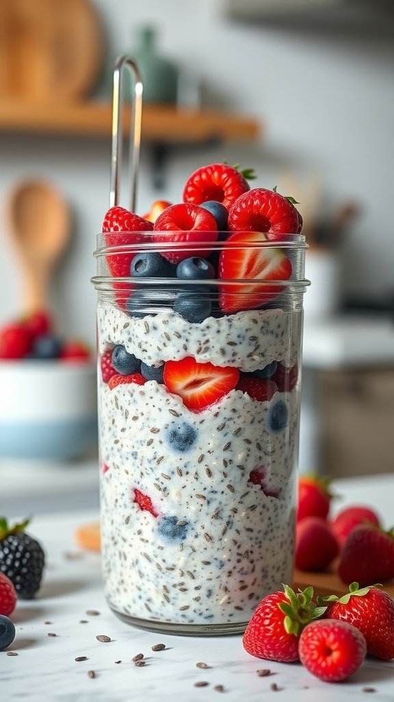 A jar of Berry Chia Seed Overnight Oats with layers of oats, chia seeds, and assorted berries.