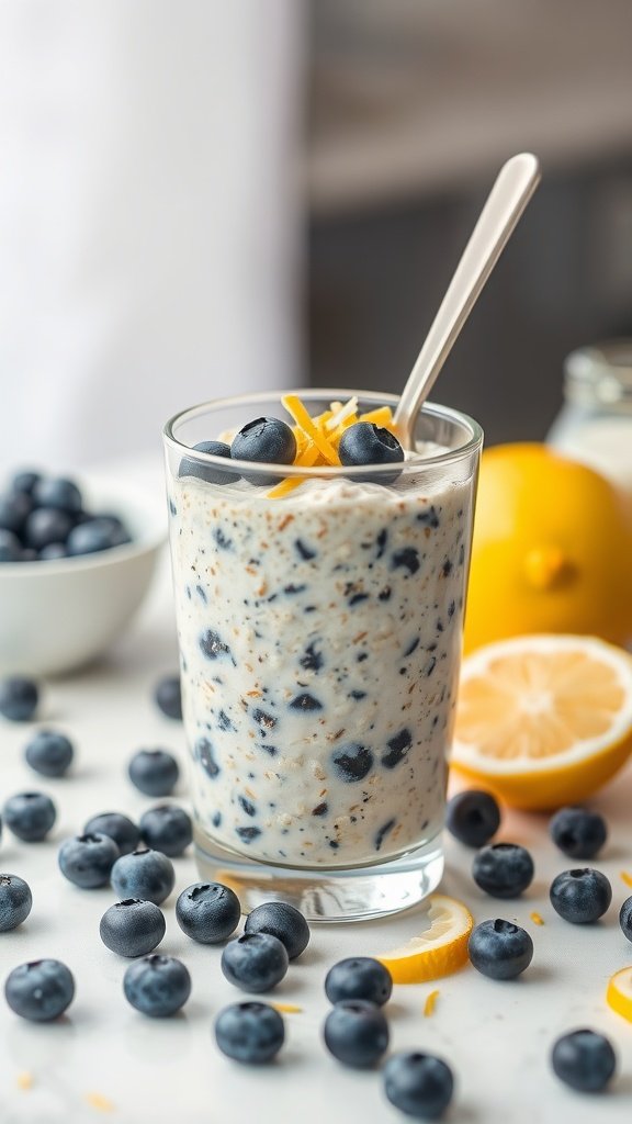 A glass of blueberry lemon overnight oats with lemon slices and fresh blueberries on a table