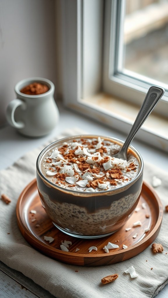A bowl of chocolate coconut overnight oats topped with shredded coconut and cocoa powder, placed on a wooden tray by a window.