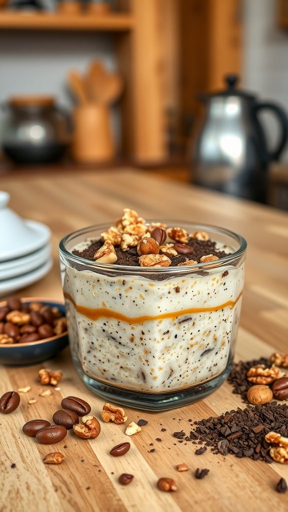 A jar of coffee and walnut overnight oats topped with walnuts and coffee grounds on a wooden table.