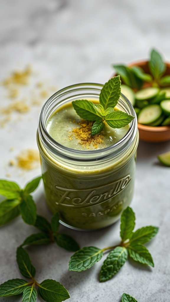 A jar of matcha green tea overnight oats garnished with mint leaves and surrounded by fresh mint.