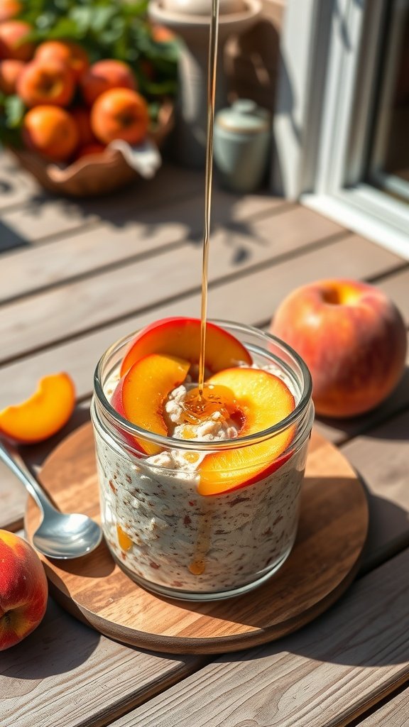 A jar of peach and maple overnight oats topped with peach slices and maple syrup, surrounded by fresh peaches.