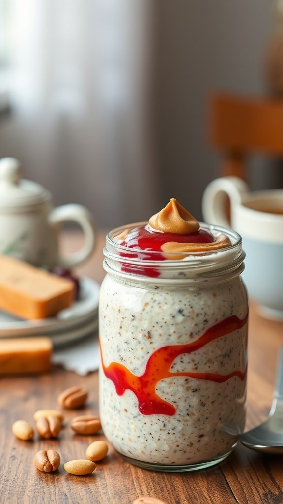 A jar of Peanut Butter and Jelly Overnight Oats topped with jelly and peanut butter, surrounded by peanuts and a cozy kitchen backdrop.