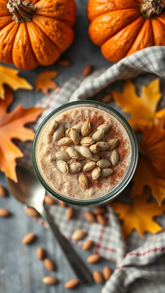A jar of pumpkin spice overnight oats topped with pumpkin seeds, surrounded by pumpkins and autumn leaves.