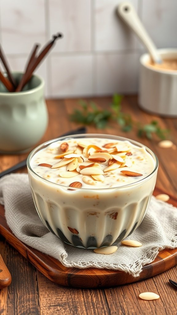 A bowl of vanilla almond overnight oats topped with sliced almonds, placed on a wooden table with kitchen utensils in the background.