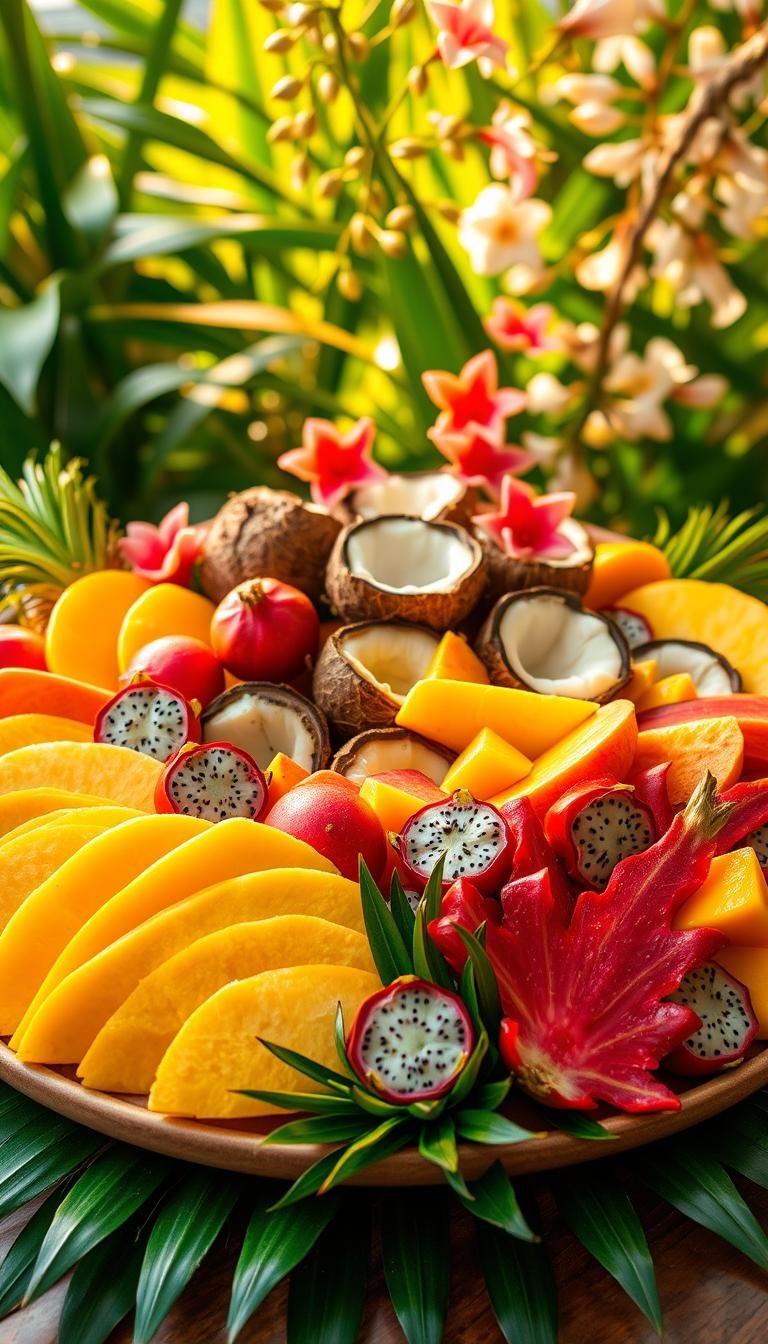 A bountiful dessert platter overflows with a vibrant array of tropical fruits, invitingly arranged against a backdrop of lush, verdant foliage. In the foreground, slices of juicy pineapple, vibrant mango, and succulent papaya beckon, complemented by clusters of ruby-red dragonfruit and star-shaped passionfruit. The middle ground features an assortment of coconut shells, their creamy white flesh peeking out, while the background is adorned with cascading leaves and delicate flowers in shades of pink and white. Soft, warm lighting casts a golden glow over the scene, creating a serene and welcoming atmosphere. This visually stunning dessert platter is the ultimate embodiment of a "Tropical Fruit Paradise," catering to a wide range of dietary preferences. A bountiful dessert platter overflows with a vibrant array of tropical fruits, invitingly arranged against a backdrop of lush, verdant foliage. In the foreground, slices of juicy pineapple, vibrant mango, and succulent papaya beckon, complemented by clusters of ruby-red dragonfruit and star-shaped passionfruit. The middle ground features an assortment of coconut shells, their creamy white flesh peeking out, while the background is adorned with cascading leaves and delicate flowers in shades of pink and white. Soft, warm lighting casts a golden glow over the scene, creating a serene and welcoming atmosphere. This visually stunning dessert platter is the ultimate embodiment of a "Tropical Fruit Paradise," catering to a wide range of dietary preferences.