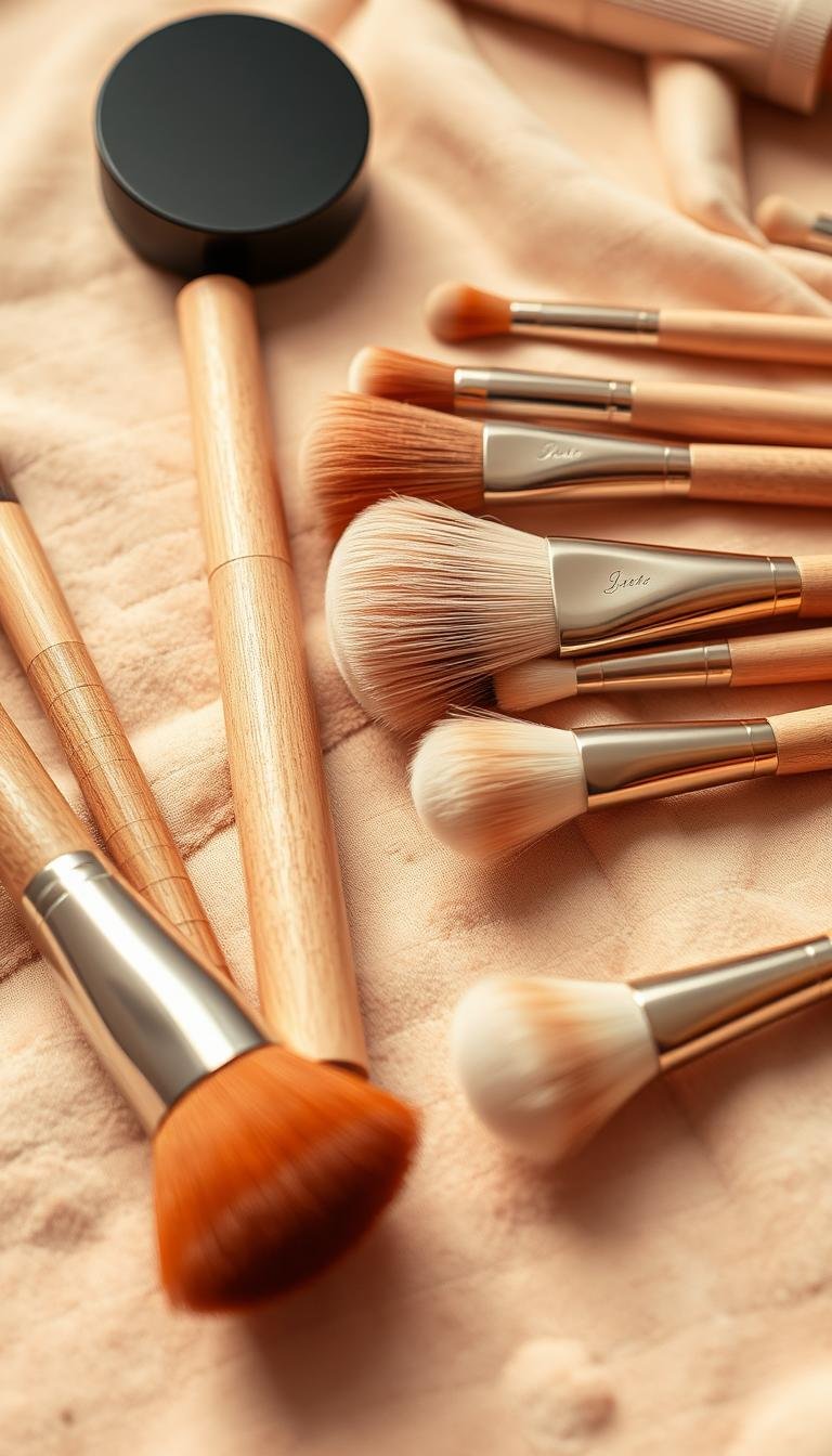 A close-up, still life image of an elegant arrangement of high-quality makeup brushes in neutral tones, suitable for bridal makeup application. The brushes are neatly displayed on a soft, textured surface, such as a velvet or satin cloth, creating a luxurious and sophisticated atmosphere. The lighting is warm and diffused, highlighting the natural bristles and sleek wooden or metal handles of the brushes. The composition emphasizes the tools' beautiful design and quality, conveying a sense of professionalism and attention to detail essential for a flawless bridal makeup look.