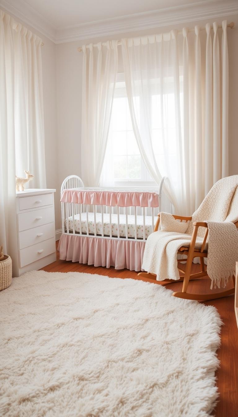 A cozy and charming baby girl nursery filled with delicate textiles. In the foreground, a plush area rug with a soft, pastel floral pattern lies on the hardwood floor. Hanging above it, a series of sheer, ivory curtains frame the window, gently swaying in the natural light. In the middle ground, a crib adorned with a ruffled, pink bedding set and a matching crib skirt. Nearby, a dresser with a changing pad covered in a patterned, cotton changing pad cover. In the background, a soft, knit baby blanket draped over a wooden rocking chair. The overall atmosphere is warm, inviting and feminine, perfect for a serene and stylish nursery. A cozy and charming baby girl nursery filled with delicate textiles. In the foreground, a plush area rug with a soft, pastel floral pattern lies on the hardwood floor. Hanging above it, a series of sheer, ivory curtains frame the window, gently swaying in the natural light. In the middle ground, a crib adorned with a ruffled, pink bedding set and a matching crib skirt. Nearby, a dresser with a changing pad covered in a patterned, cotton changing pad cover. In the background, a soft, knit baby blanket draped over a wooden rocking chair. The overall atmosphere is warm, inviting and feminine, perfect for a serene and stylish nursery.
