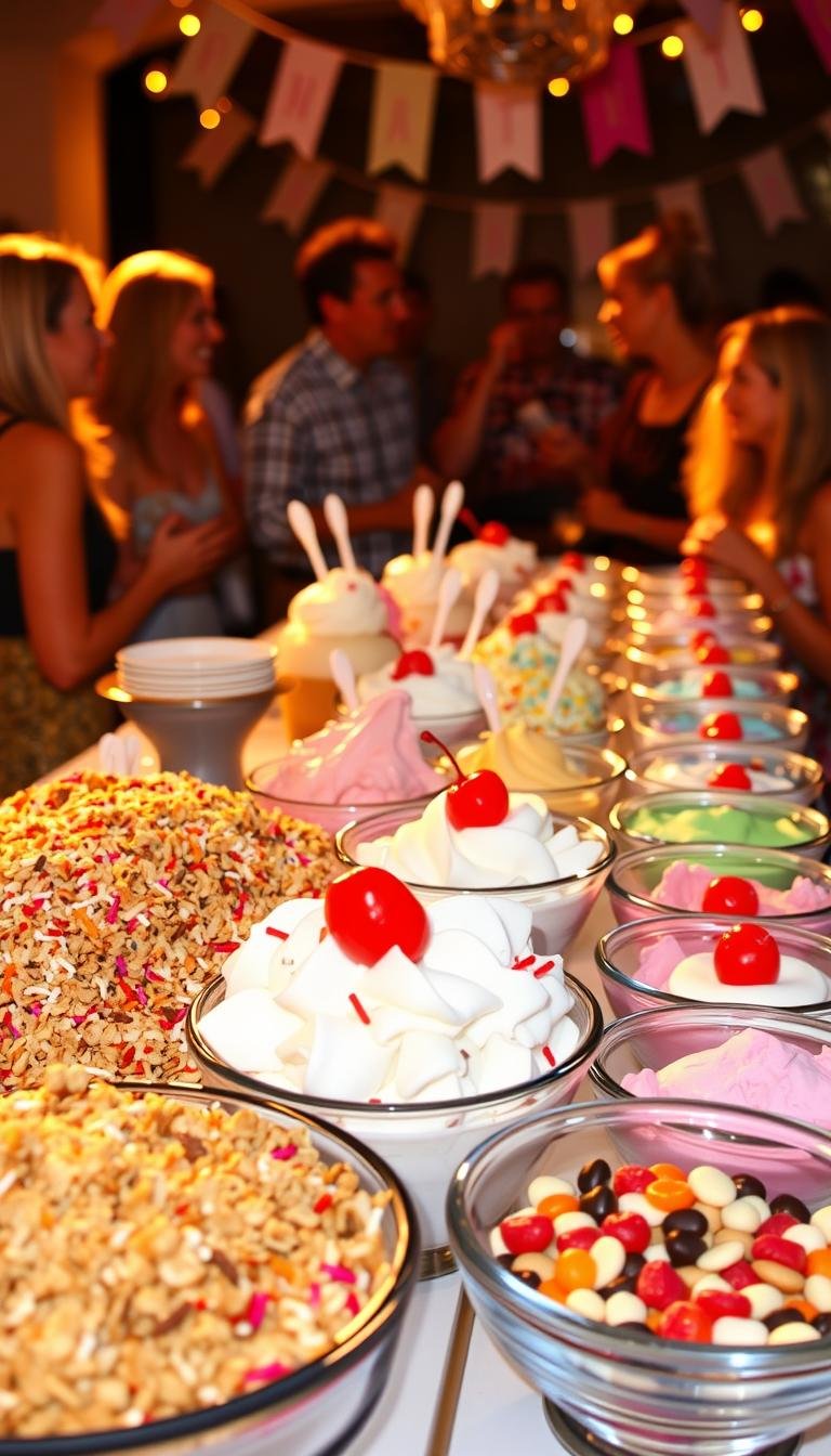 A lively sundae bar at a summer party, bathed in warm, golden lighting. In the foreground, an array of colorful toppings - sprinkles, chopped nuts, whipped cream, and maraschino cherries - beckoning guests to build their dream desserts. The middle ground features a row of gleaming glass bowls filled with various ice cream flavors, their vibrant colors inviting indulgence. In the background, a festive banner or garland adds a celebratory touch, while the party atmosphere is palpable, with guests gathered around, animated in conversation and laughter. The scene conveys a sense of joy, indulgence, and the perfect balance of organization and spontaneity for a memorable sundae bar experience. A lively sundae bar at a summer party, bathed in warm, golden lighting. In the foreground, an array of colorful toppings - sprinkles, chopped nuts, whipped cream, and maraschino cherries - beckoning guests to build their dream desserts. The middle ground features a row of gleaming glass bowls filled with various ice cream flavors, their vibrant colors inviting indulgence. In the background, a festive banner or garland adds a celebratory touch, while the party atmosphere is palpable, with guests gathered around, animated in conversation and laughter. The scene conveys a sense of joy, indulgence, and the perfect balance of organization and spontaneity for a memorable sundae bar experience.