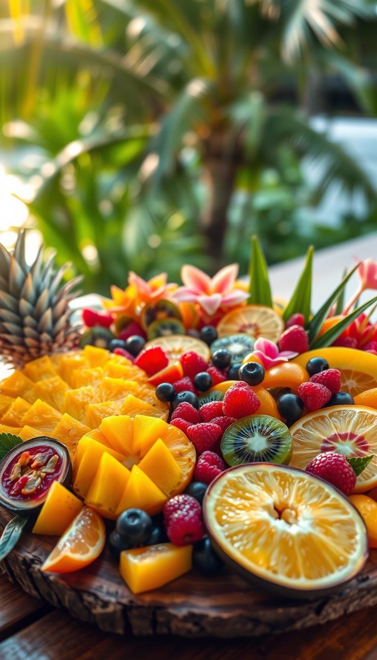 A lush tropical arrangement of vibrant, juicy fruits artfully displayed on a rustic wooden board. In the foreground, sliced pineapple, mango, and passionfruit glisten under warm, natural lighting. Scattered throughout are plump, jewel-toned berries, kiwi slices, and fragrant citrus wedges. The middle ground features an assortment of tropical leaves and flowers, creating a verdant, inviting backdrop. In the distance, a blurred, sun-dappled outdoor scene hints at the lush, paradisiacal setting. The overall mood is one of refreshing, summery indulgence, perfect for a decadent tropical fruit dessert board. A lush tropical arrangement of vibrant, juicy fruits artfully displayed on a rustic wooden board. In the foreground, sliced pineapple, mango, and passionfruit glisten under warm, natural lighting. Scattered throughout are plump, jewel-toned berries, kiwi slices, and fragrant citrus wedges. The middle ground features an assortment of tropical leaves and flowers, creating a verdant, inviting backdrop. In the distance, a blurred, sun-dappled outdoor scene hints at the lush, paradisiacal setting. The overall mood is one of refreshing, summery indulgence, perfect for a decadent tropical fruit dessert board.