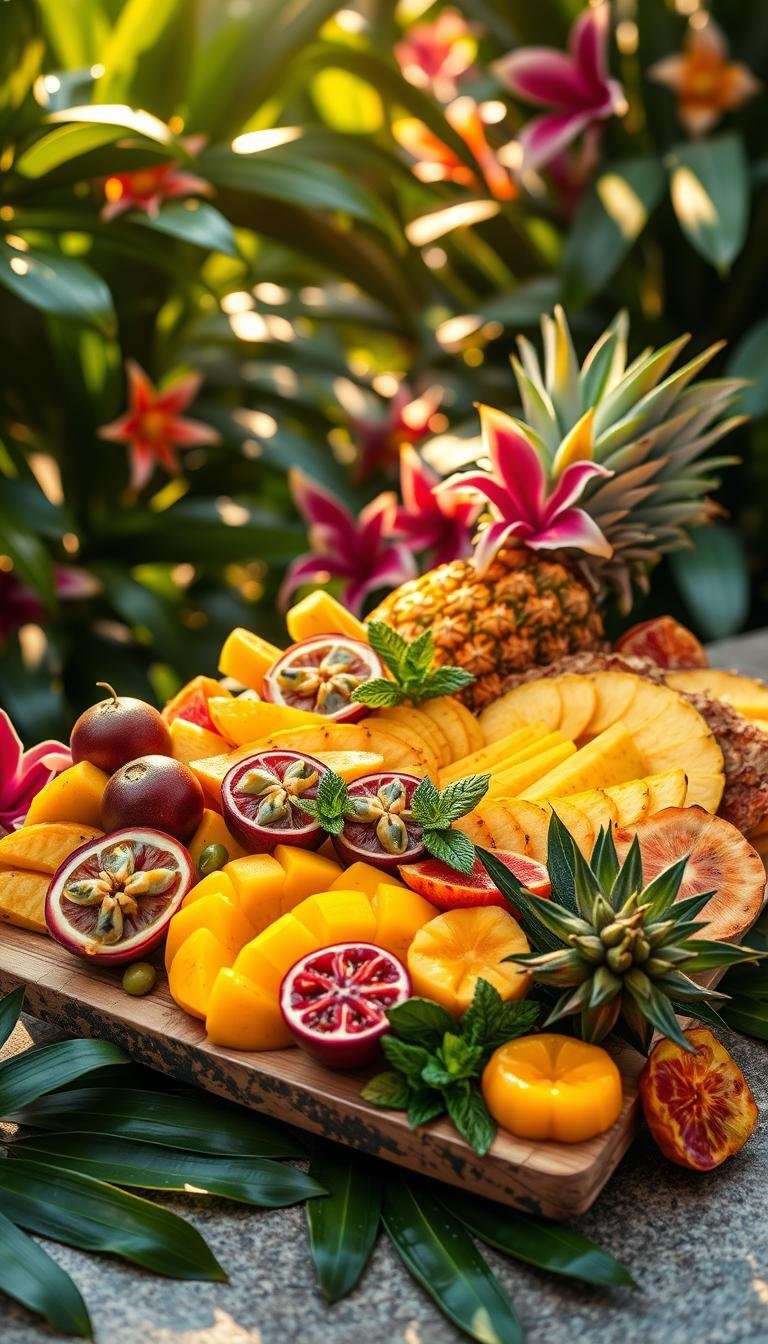 A lush tropical fruit charcuterie board, arranged with vibrant passion fruits, ripe mangoes, juicy pineapple slices, and fragrant starfruit. The presentation is set against a backdrop of verdant leaves and exotic flowers, creating a serene, sun-dappled scene. Soft, warm lighting casts a golden glow, accentuating the natural textures and colors of the fruit. The board is positioned at a slight angle, allowing for a dynamic, visually appealing composition. Delicate drizzles of honey and sprigs of fresh mint add the finishing touches, elevating the display to a true work of art. A lush tropical fruit charcuterie board, arranged with vibrant passion fruits, ripe mangoes, juicy pineapple slices, and fragrant starfruit. The presentation is set against a backdrop of verdant leaves and exotic flowers, creating a serene, sun-dappled scene. Soft, warm lighting casts a golden glow, accentuating the natural textures and colors of the fruit. The board is positioned at a slight angle, allowing for a dynamic, visually appealing composition. Delicate drizzles of honey and sprigs of fresh mint add the finishing touches, elevating the display to a true work of art.