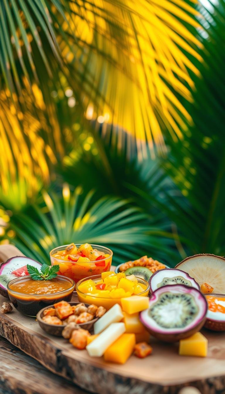 A lush tropical oasis set against a backdrop of swaying palm fronds. In the foreground, an array of vibrant tropical fruit sauces and dips arranged artfully on a rustic wooden board. Creamy mango chutney, zesty pineapple salsa, and a velvety passion fruit coulis dazzle the senses. Carefully placed slices of fresh coconut, dragon fruit, and kiwi add pops of color and texture. Warm, golden lighting casts a dreamy glow, evoking the languid atmosphere of a sun-drenched island paradise. A shallow depth of field focuses the viewer's attention on the sumptuous textures and flavors of this indulgent tropical spread. A lush tropical oasis set against a backdrop of swaying palm fronds. In the foreground, an array of vibrant tropical fruit sauces and dips arranged artfully on a rustic wooden board. Creamy mango chutney, zesty pineapple salsa, and a velvety passion fruit coulis dazzle the senses. Carefully placed slices of fresh coconut, dragon fruit, and kiwi add pops of color and texture. Warm, golden lighting casts a dreamy glow, evoking the languid atmosphere of a sun-drenched island paradise. A shallow depth of field focuses the viewer's attention on the sumptuous textures and flavors of this indulgent tropical spread.