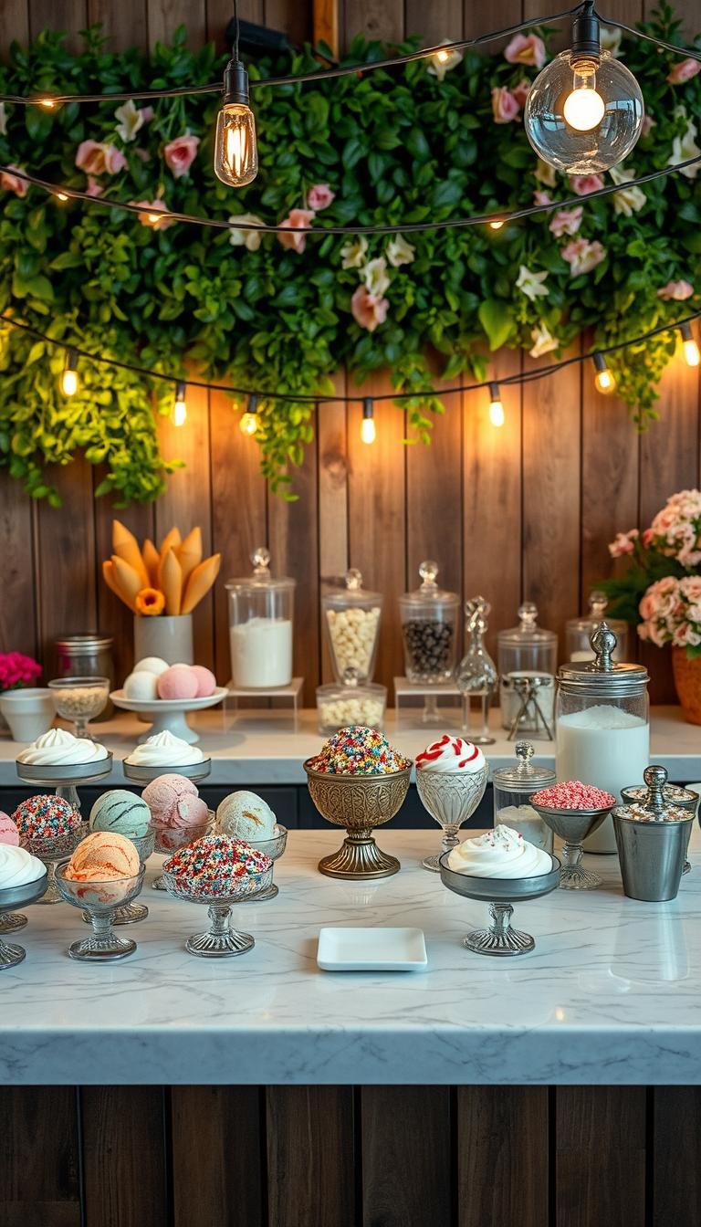 A stylish ice cream bar set up for a summer party, with a rustic wooden backdrop and lush greenery. In the foreground, an assortment of colorful ice cream scoops, sprinkles, whipped cream, and various toppings arranged neatly on a marble countertop. Overhead, delicate string lights cast a warm, inviting glow, creating a cozy, intimate atmosphere. The middle ground features elegant serving dishes, glass jars, and metallic accents that complement the natural, earthy tones. In the background, a lush, verdant wall of plants and flowers adds a touch of vibrant, botanical beauty, framing the scene with a sense of lush, summertime wonder. A stylish ice cream bar set up for a summer party, with a rustic wooden backdrop and lush greenery. In the foreground, an assortment of colorful ice cream scoops, sprinkles, whipped cream, and various toppings arranged neatly on a marble countertop. Overhead, delicate string lights cast a warm, inviting glow, creating a cozy, intimate atmosphere. The middle ground features elegant serving dishes, glass jars, and metallic accents that complement the natural, earthy tones. In the background, a lush, verdant wall of plants and flowers adds a touch of vibrant, botanical beauty, framing the scene with a sense of lush, summertime wonder.
