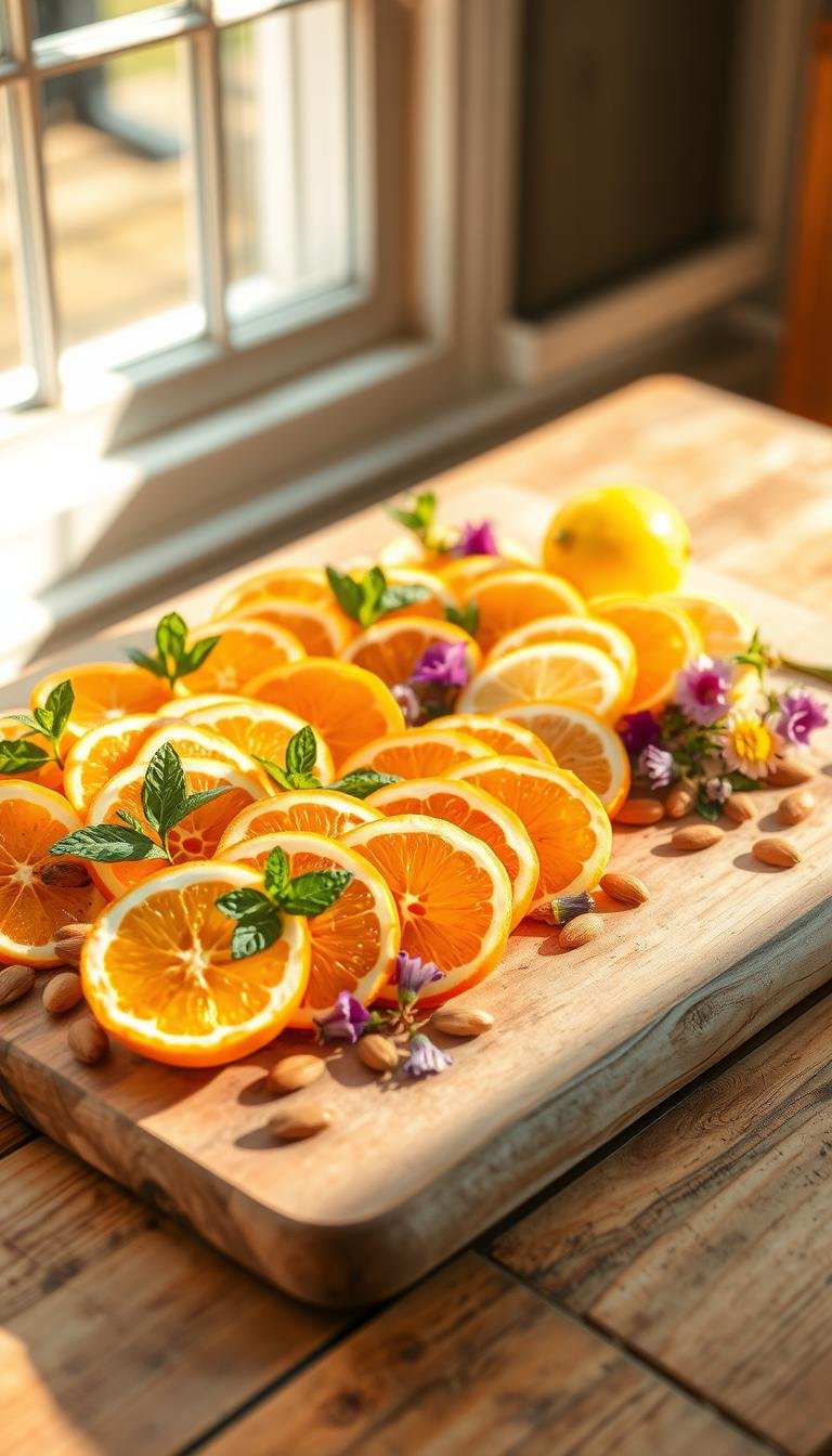 A vibrant citrus snack board graces a rustic wooden table, bathed in warm, golden sunlight filtering through a nearby window. Slices of juicy oranges, tangy lemons, and sweet mandarins are artfully arranged alongside sprigs of fresh mint, toasted almonds, and a scattering of edible flowers. The citrus hues pop against the neutral tones of the table and its natural wood grain, creating a visually appealing and appetizing display. Soft shadows and highlights add depth and dimension, while the overall composition evokes a sense of refreshing, summery abundance. A vibrant citrus snack board graces a rustic wooden table, bathed in warm, golden sunlight filtering through a nearby window. Slices of juicy oranges, tangy lemons, and sweet mandarins are artfully arranged alongside sprigs of fresh mint, toasted almonds, and a scattering of edible flowers. The citrus hues pop against the neutral tones of the table and its natural wood grain, creating a visually appealing and appetizing display. Soft shadows and highlights add depth and dimension, while the overall composition evokes a sense of refreshing, summery abundance.