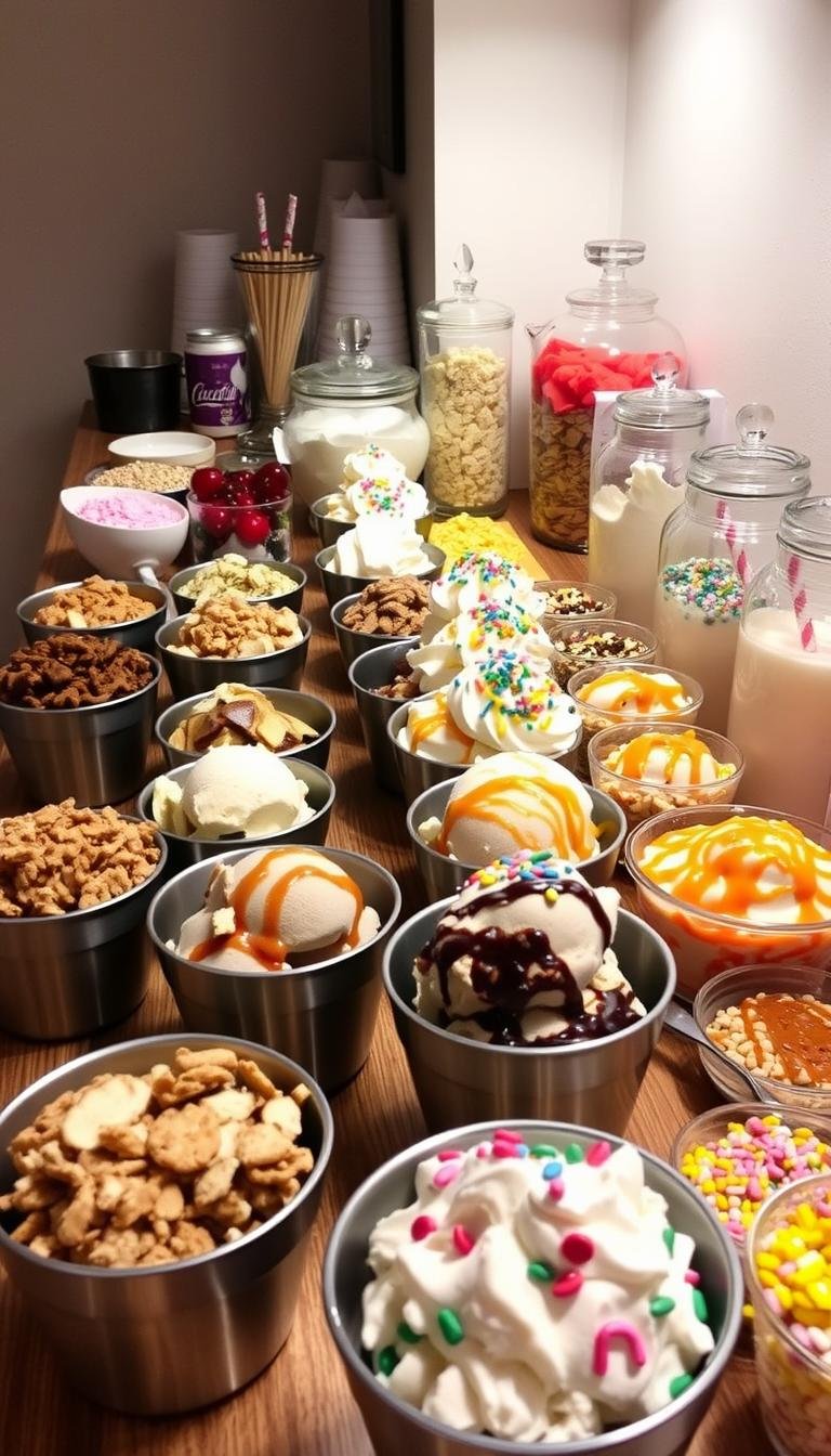 A well-lit, inviting sundae bar setup with an array of colorful toppings and garnishes meticulously arranged on a wooden countertop. Scoops of various ice cream flavors in stainless steel bowls, sprinkled with chopped nuts, crushed cookies, rainbow sprinkles, and drizzled with caramel and chocolate sauces. Tall glass jars filled with maraschino cherries, whipped cream, and other sundae essentials. The setup is framed by a neutral-toned backdrop, allowing the delectable spread to take center stage. The lighting is soft and warm, creating a cozy, summertime ambiance perfect for an indulgent ice cream social. A well-lit, inviting sundae bar setup with an array of colorful toppings and garnishes meticulously arranged on a wooden countertop. Scoops of various ice cream flavors in stainless steel bowls, sprinkled with chopped nuts, crushed cookies, rainbow sprinkles, and drizzled with caramel and chocolate sauces. Tall glass jars filled with maraschino cherries, whipped cream, and other sundae essentials. The setup is framed by a neutral-toned backdrop, allowing the delectable spread to take center stage. The lighting is soft and warm, creating a cozy, summertime ambiance perfect for an indulgent ice cream social.