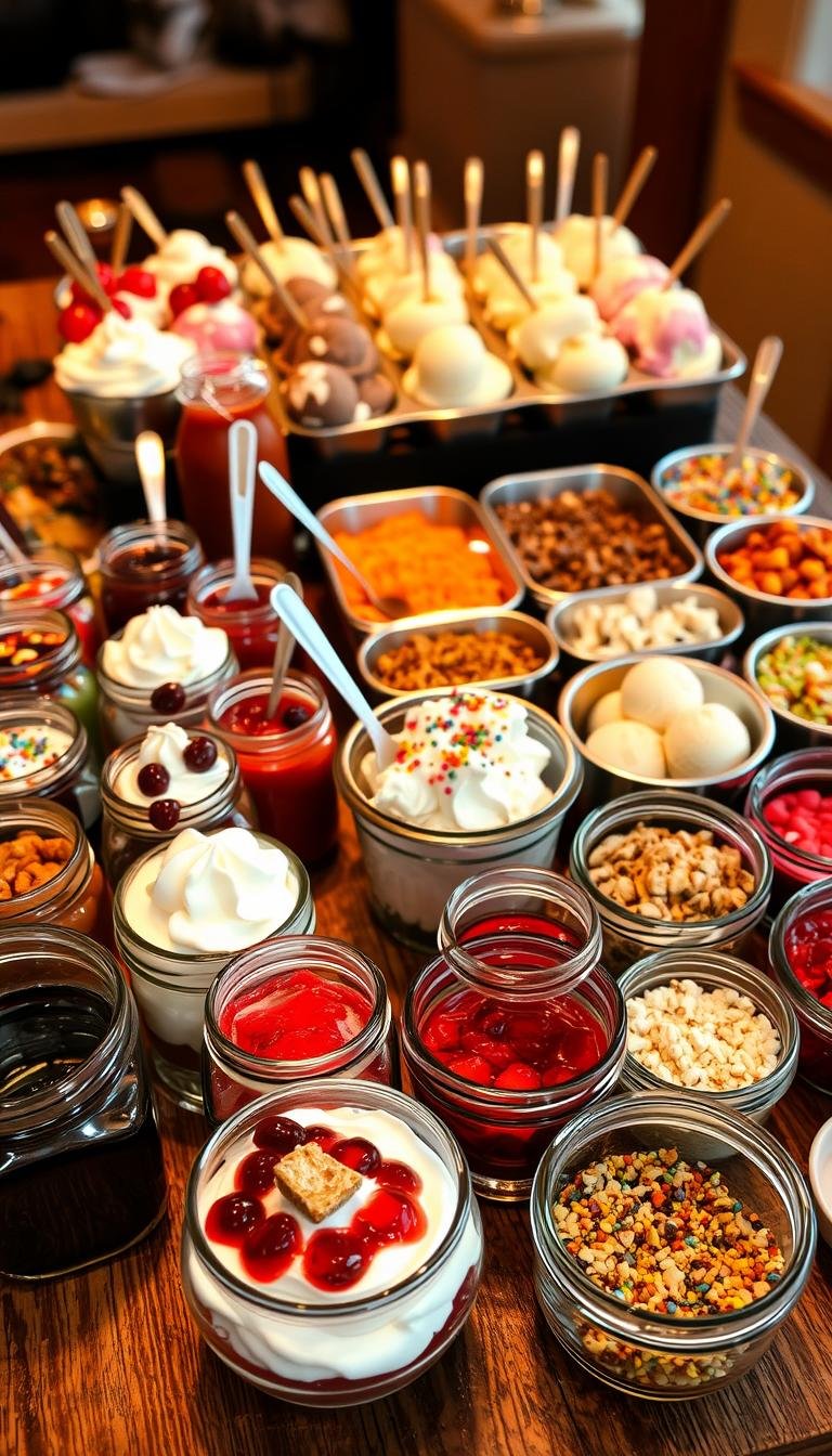 Sundae bar with an array of colorful toppings and sauces, arranged on a rustic wooden table. In the foreground, an assortment of glass jars and dishes brimming with whipped cream, cherry compote, chocolate syrup, chopped nuts, sprinkles, and other decadent fixings. In the middle ground, scoops of creamy vanilla, chocolate, and strawberry ice cream in stainless steel bowls, inviting guests to craft their own customized sundaes. Warm lighting casts a soft glow, creating an inviting and indulgent atmosphere. The scene is captured from a slightly elevated angle, showcasing the visual appeal and variety of the sundae bar setup. Sundae bar with an array of colorful toppings and sauces, arranged on a rustic wooden table. In the foreground, an assortment of glass jars and dishes brimming with whipped cream, cherry compote, chocolate syrup, chopped nuts, sprinkles, and other decadent fixings. In the middle ground, scoops of creamy vanilla, chocolate, and strawberry ice cream in stainless steel bowls, inviting guests to craft their own customized sundaes. Warm lighting casts a soft glow, creating an inviting and indulgent atmosphere. The scene is captured from a slightly elevated angle, showcasing the visual appeal and variety of the sundae bar setup.