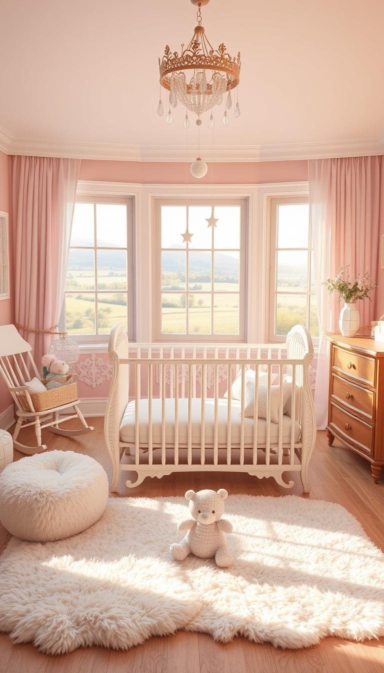 a cozy and inviting baby girl nursery in soft pinks and whites, with a beautifully crafted crib in the foreground, surrounded by plush textiles and delicate accessories like a fluffy rug, a rocking chair, and a wooden dresser with intricate details. the middle ground features a whimsical mobile hanging above the crib, casting gentle shadows, while the background showcases a serene landscape through large windows, bathed in warm, natural lighting. the overall atmosphere is calming, elegant, and tailored to the needs of a newborn, creating a charming and nurturing environment. a cozy and inviting baby girl nursery in soft pinks and whites, with a beautifully crafted crib in the foreground, surrounded by plush textiles and delicate accessories like a fluffy rug, a rocking chair, and a wooden dresser with intricate details. the middle ground features a whimsical mobile hanging above the crib, casting gentle shadows, while the background showcases a serene landscape through large windows, bathed in warm, natural lighting. the overall atmosphere is calming, elegant, and tailored to the needs of a newborn, creating a charming and nurturing environment.