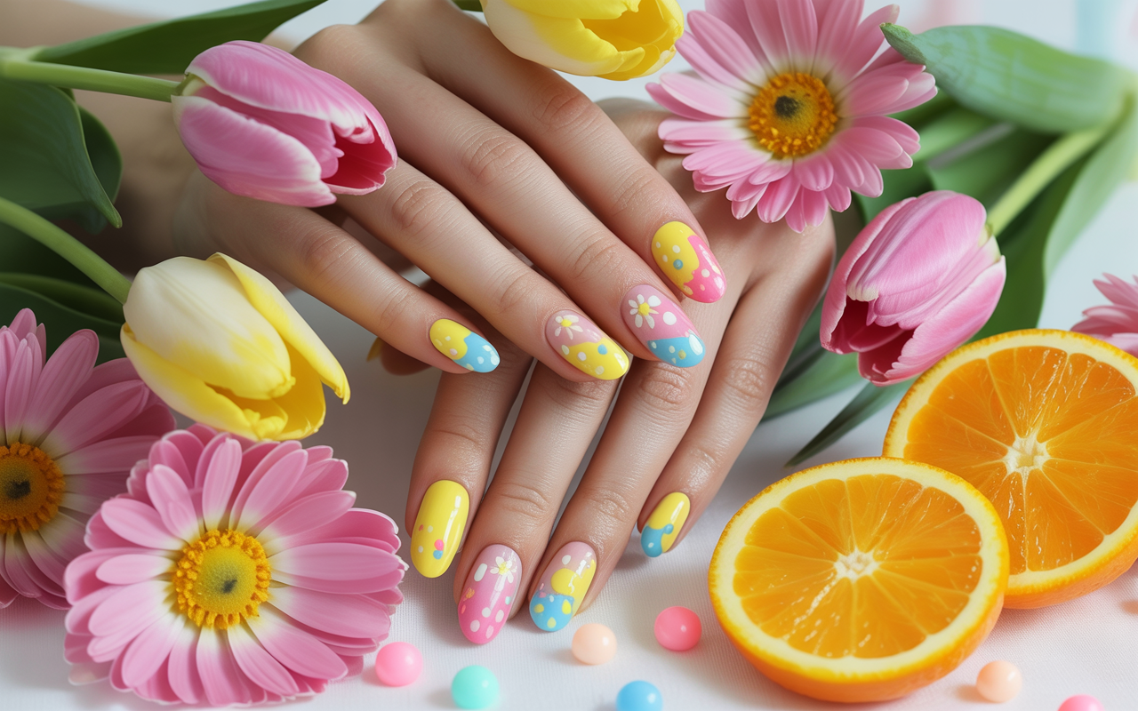 Close-up of pastel spring nail art featuring yellow, pink, and blue colors with polka dots and floral designs, surrounded by tulips, daisies, and citrus slices.