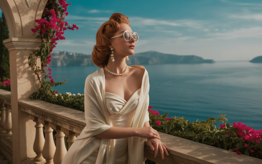 A glamorous woman with retro waves and pearl jewelry, dressed in an ivory satin gown and shawl, stands on a Mediterranean-style balcony overlooking the sea and coastal cliffs.