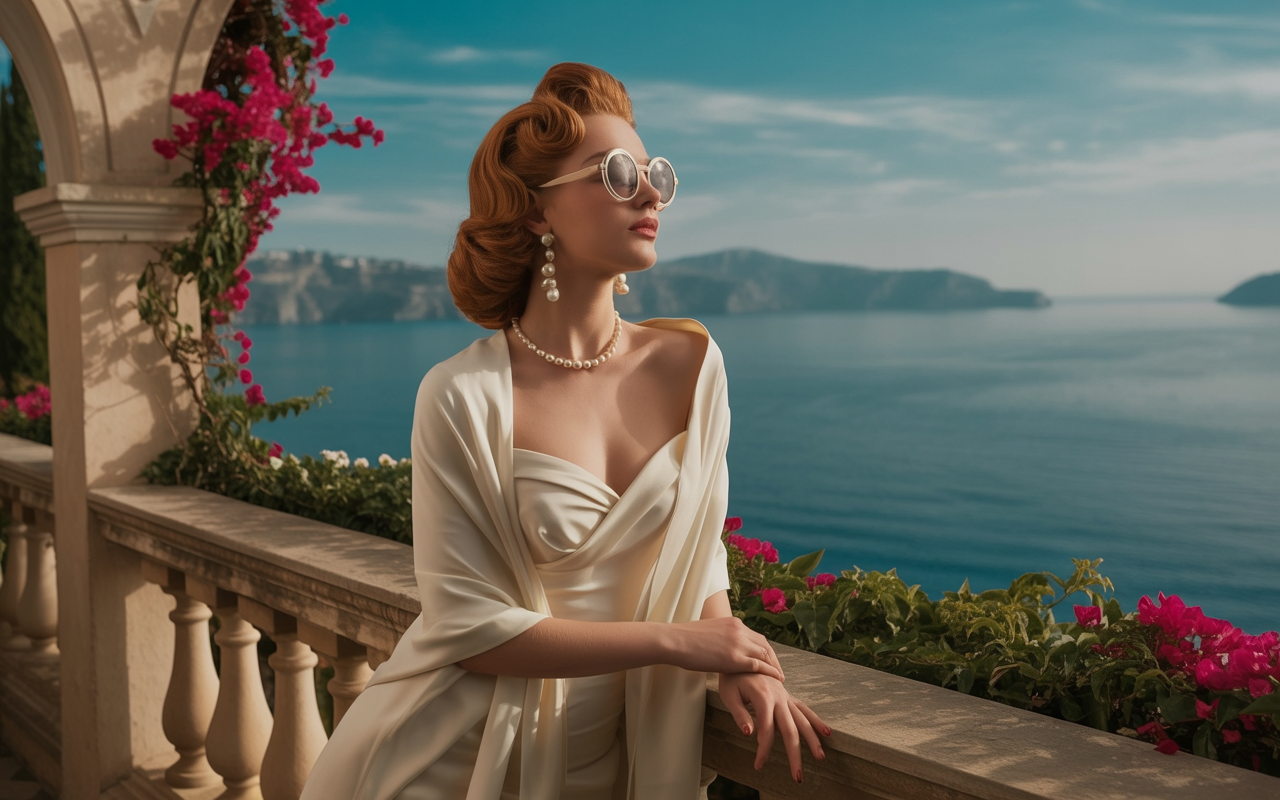 A glamorous woman with retro waves and pearl jewelry, dressed in an ivory satin gown and shawl, stands on a Mediterranean-style balcony overlooking the sea and coastal cliffs.