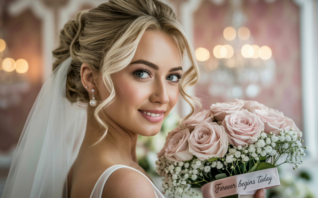 A luminous bridal portrait of a smiling bride holding a bouquet of soft blush roses and baby's breath, tied with a ribbon that reads “Forever begins today.” She wears pearl drop earrings, a veil, and a soft, romantic updo with curled tendrils, against a softly lit chandelier background.