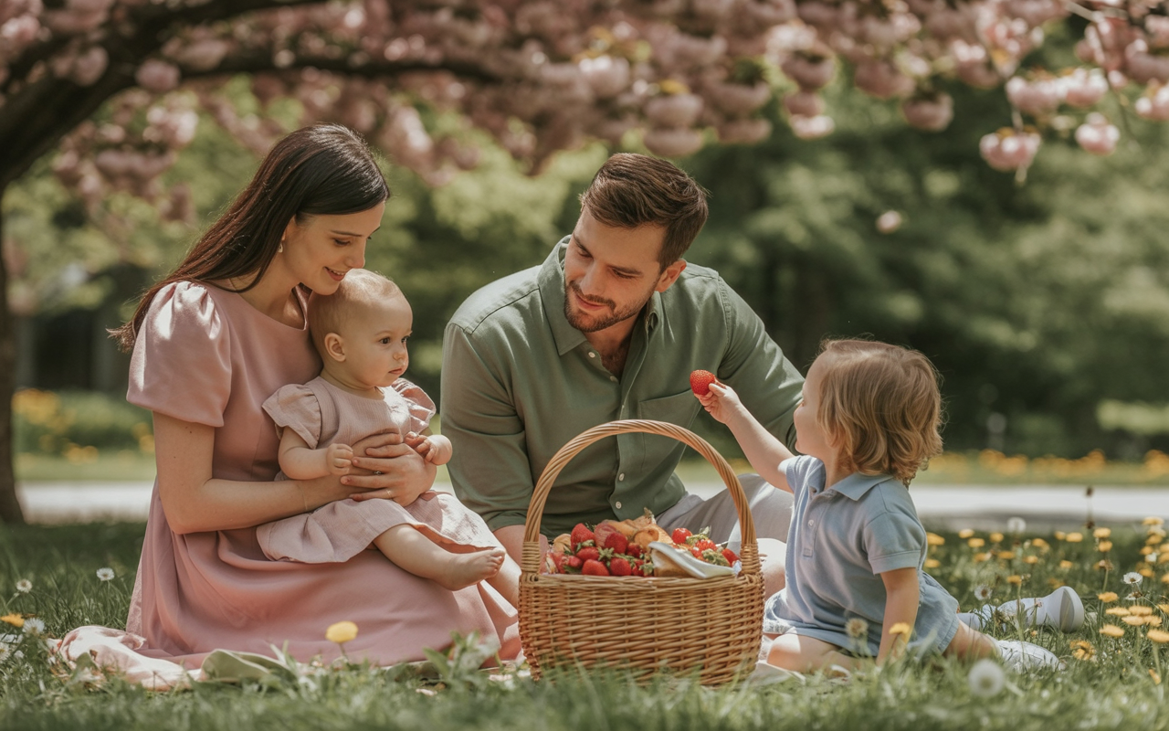 A photograph of a young family enjoying a spring picnic under blooming cherry blossoms. The mother in a blush dress holds a baby, while the father kneels nearby, smiling at their toddler who offers a strawberry from a wicker basket filled with fresh fruit. Wildflowers dot the grass around them.