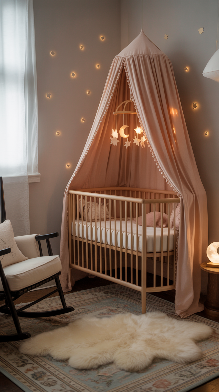 An elegant baby girl's nursery, bathed in soft pink and white tones, with a whimsical floral wallpaper as the backdrop. In the foreground, a delicate crib draped in sheer curtains, complemented by a plush rocking chair and a cozy sheepskin rug. In the middle ground, a charming wooden dresser with porcelain knobs and a display of framed floral artwork. Subtle lighting from a brass chandelier casts a warm, inviting glow throughout the space. The overall atmosphere is one of tranquility, femininity, and a touch of vintage charm, perfectly capturing the essence of an enchanting baby girl's nursery.