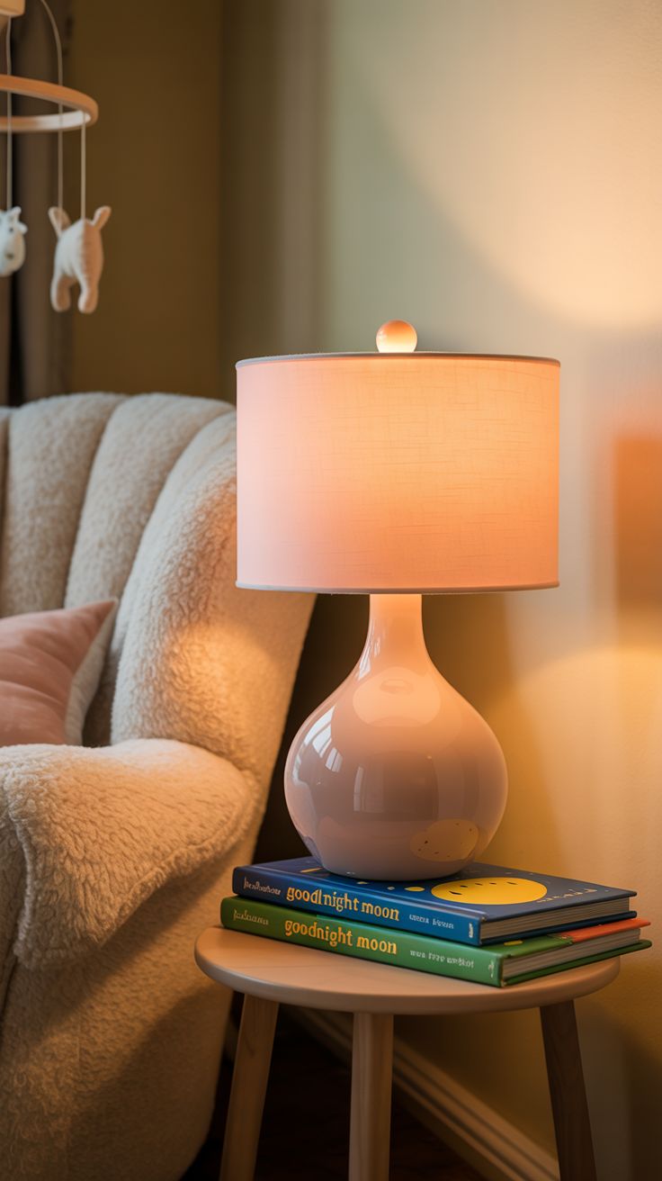 A cozy and inviting nursery, bathed in soft, warm lighting. In the foreground, a delicate pendant light with a linen shade casts a gentle glow, illuminating a plush rocking chair and a fluffy area rug. In the middle ground, a pair of sconces flanking a framed artwork create a balanced, harmonious lighting scheme. The background features a soothing, neutral-toned wall, accentuated by the ambient light from a discreet cove lighting system, enveloping the space in a serene, comforting atmosphere. The overall lighting design is both functional and aesthetically pleasing, creating the perfect ambiance for a peaceful, nurturing environment.