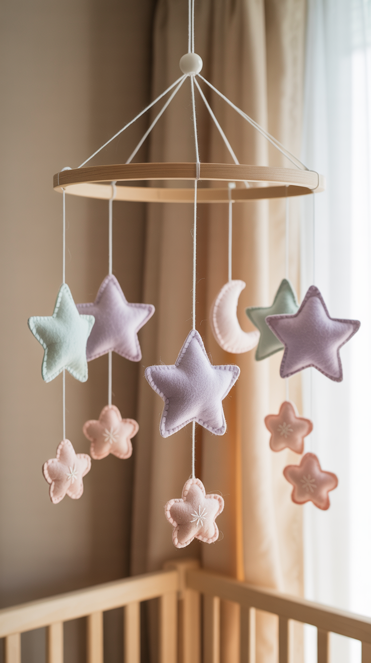 A cozy, well-lit DIY nursery with an array of charming handmade projects. In the foreground, a whimsical mobile dangles from the ceiling, its delicate paper shapes casting soft shadows. In the middle ground, a handcrafted wooden rocking chair sits next to a table displaying a hand-painted ceramic piggy bank and a knitted stuffed animal. The background features a gallery wall showcasing framed DIY artwork and hand-stitched wall hangings, all in a soothing pastel color palette. The overall scene radiates a sense of warmth, creativity, and personalized touches that make this nursery truly unique.