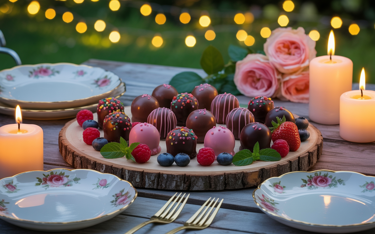 A photograph of a romantic outdoor dessert display featuring chocolate and pink cake truffles decorated with sprinkles and drizzles, arranged on a rustic wooden platter. Surrounded by fresh berries, mint leaves, vintage floral china, lit candles, and blush roses, with twinkling fairy lights glowing in the background.
