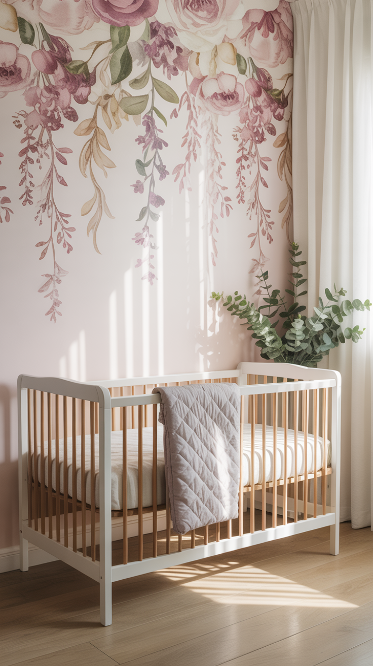 A whimsical floral wall display in a baby girl's nursery, with a soft, romantic ambiance. In the foreground, a vibrant arrangement of pastel-colored flowers and leaves, delicately hand-painted on a textured canvas. The flowers appear to be floating, creating a sense of weightlessness. In the middle ground, a wooden frame, distressed with a white-washed finish, enhances the vintage charm. The background features a soothing, pale pink wall, illuminated by soft, diffused lighting that casts gentle shadows, evoking a cozy, intimate atmosphere. The overall composition exudes a sense of tranquility and femininity, perfectly suited for a chic and charming nursery setting.