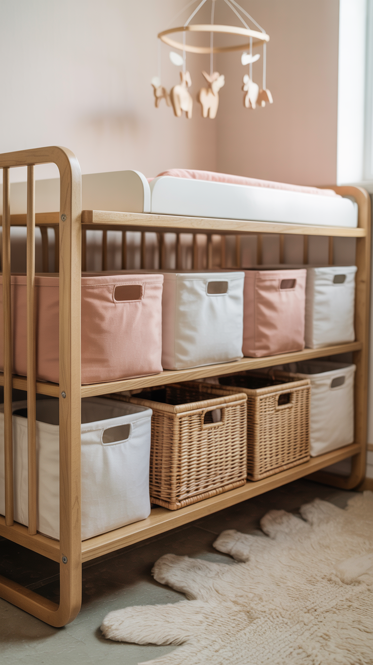 A cozy and organized baby girl nursery with soft pastel colors. In the foreground, a wooden crib and a plush rocking chair. On the shelves above, neatly arranged baskets, books, and decorative items. In the middle ground, a dresser with drawers and a changing station, all in a harmonious white and pink palette. The background features a large window letting in natural light, sheer curtains, and a serene floral wallpaper. The overall atmosphere is warm, inviting, and meticulously curated, reflecting a tidy and well-organized nursery space.