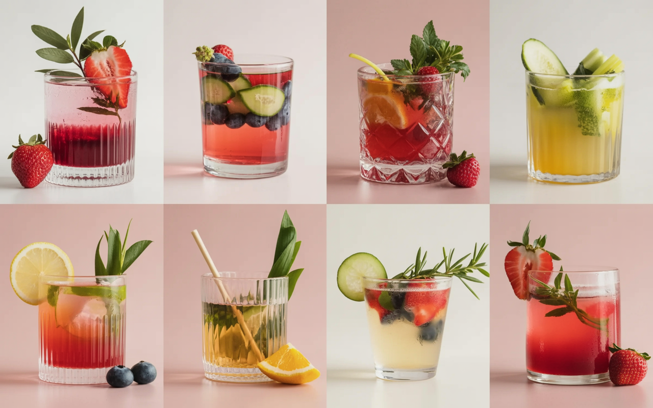 A photograph showcasing a perfectly styled grid of eight colorful summer mocktails, each garnished with fresh fruit, herbs, and citrus. The drinks are set against soft pink and neutral backgrounds and feature ingredients like strawberries, blueberries, cucumber, mint, lemon, and rosemary.