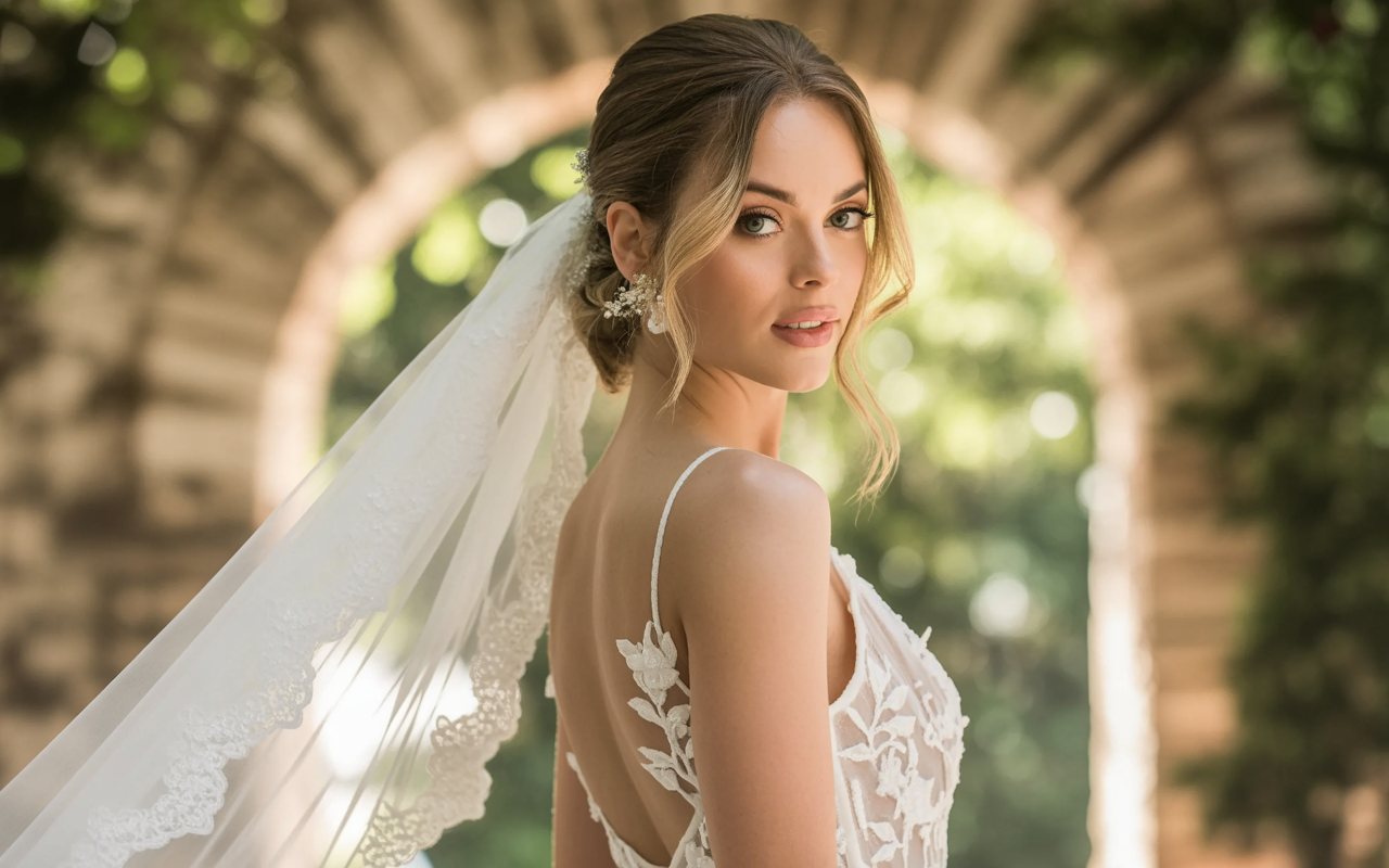 A soft romantic portrait of a bride in a lace wedding gown with delicate floral embroidery, looking over her shoulder. She wears a long lace-trimmed veil and crystal floral hairpiece, framed by a stone archway with blurred greenery in the background.
