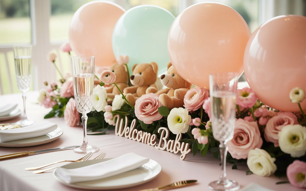 Elegant baby shower table centerpiece with plush teddy bears, pastel balloons, pink and white roses, and a wooden “Welcome Baby” sign, surrounded by crystal glasses and gold-accented tableware.
