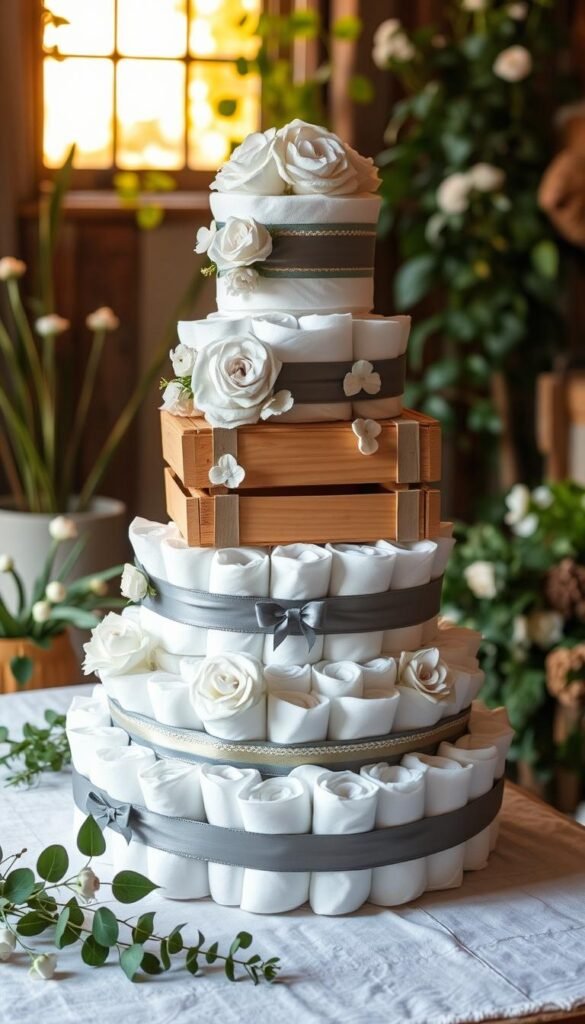 A multi-tiered diaper bouquet in a lush, rustic setting. The foreground features a beautifully crafted arrangement of diapers in shades of white, gray, and soft pastels, neatly stacked and adorned with delicate floral accents. The middle ground showcases a wooden crate or planter, adding a natural, handcrafted touch. In the background, a warm, golden light filters through a window, casting a cozy, inviting glow. The composition is balanced, with the diaper bouquet taking center stage, showcasing the creativity and attention to detail of a seasoned crafter. The overall mood is one of elegance, warmth, and a touch of whimsy, perfectly suited for a baby shower celebration.