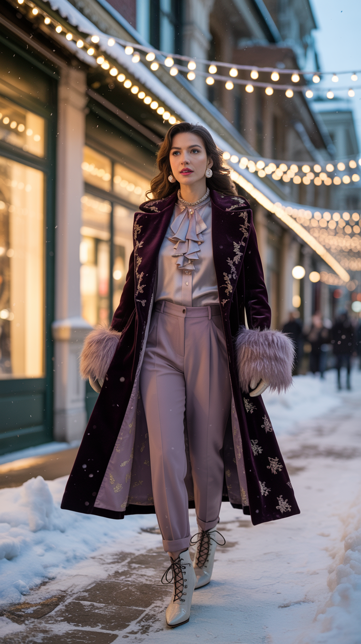 A grandiose, opulent winter scene of a rococo-inspired glamorous figure. In the foreground, a stately figure in an ornate, frost-trimmed gown of shimmering satin and delicate lace, draped in a voluminous fur-lined cloak. Intricate jeweled accessories adorn the model, their regal pose conveying a sense of elegant poise. The middle ground features a baroque-style winter palace, its towering facade adorned with intricate carvings and glittering icicles. In the background, a snowy landscape with majestic pine trees, a frozen lake, and a sky aglow with pastel hues. Dramatic low-angle lighting casts dramatic shadows, imbuing the scene with a sense of grandeur and cinematic flair. Evoke a dreamlike, enchanting atmosphere of winter rococo glamour.