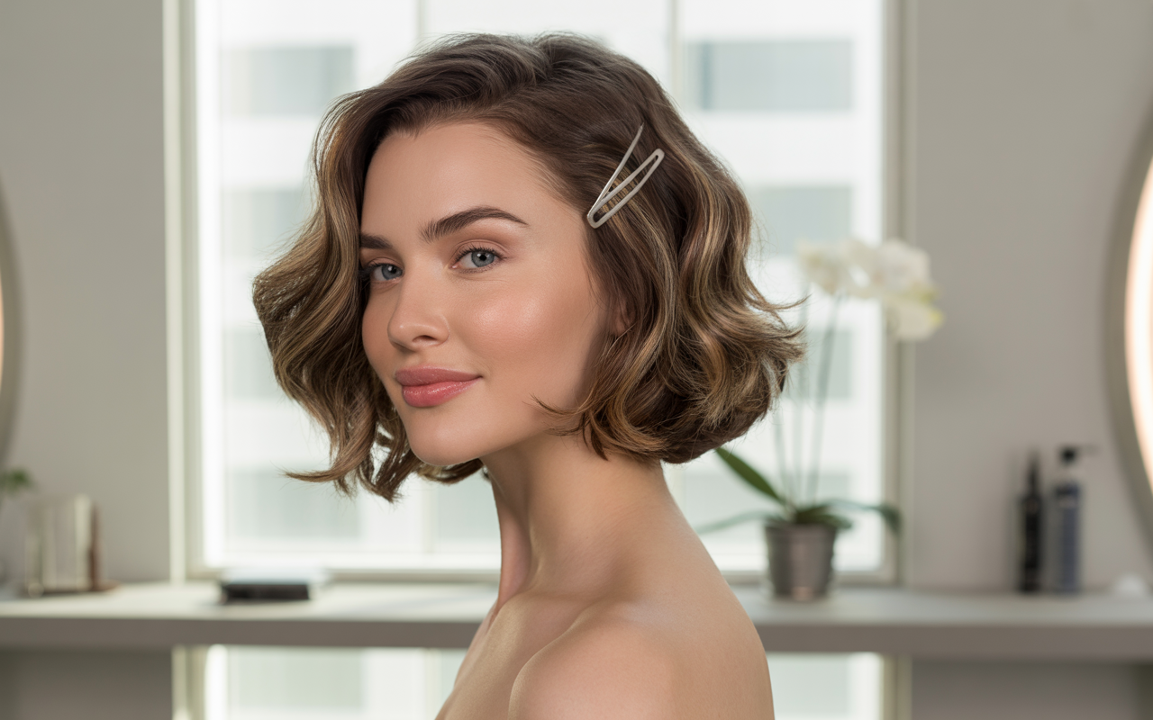 A stylish ear-length bob hairstyle with soft, effortless waves for fine hair. The model's face is framed by wispy, face-flattering layers, with the front pieces gently tucked behind the ears. Soft, diffused studio lighting accentuates the natural texture and movement of the hair. The model's expression is calm and confident, creating a modern, feminine aesthetic. The camera angle is slightly elevated, capturing the detailed, volumized structure of the bob from a slightly overhead perspective.