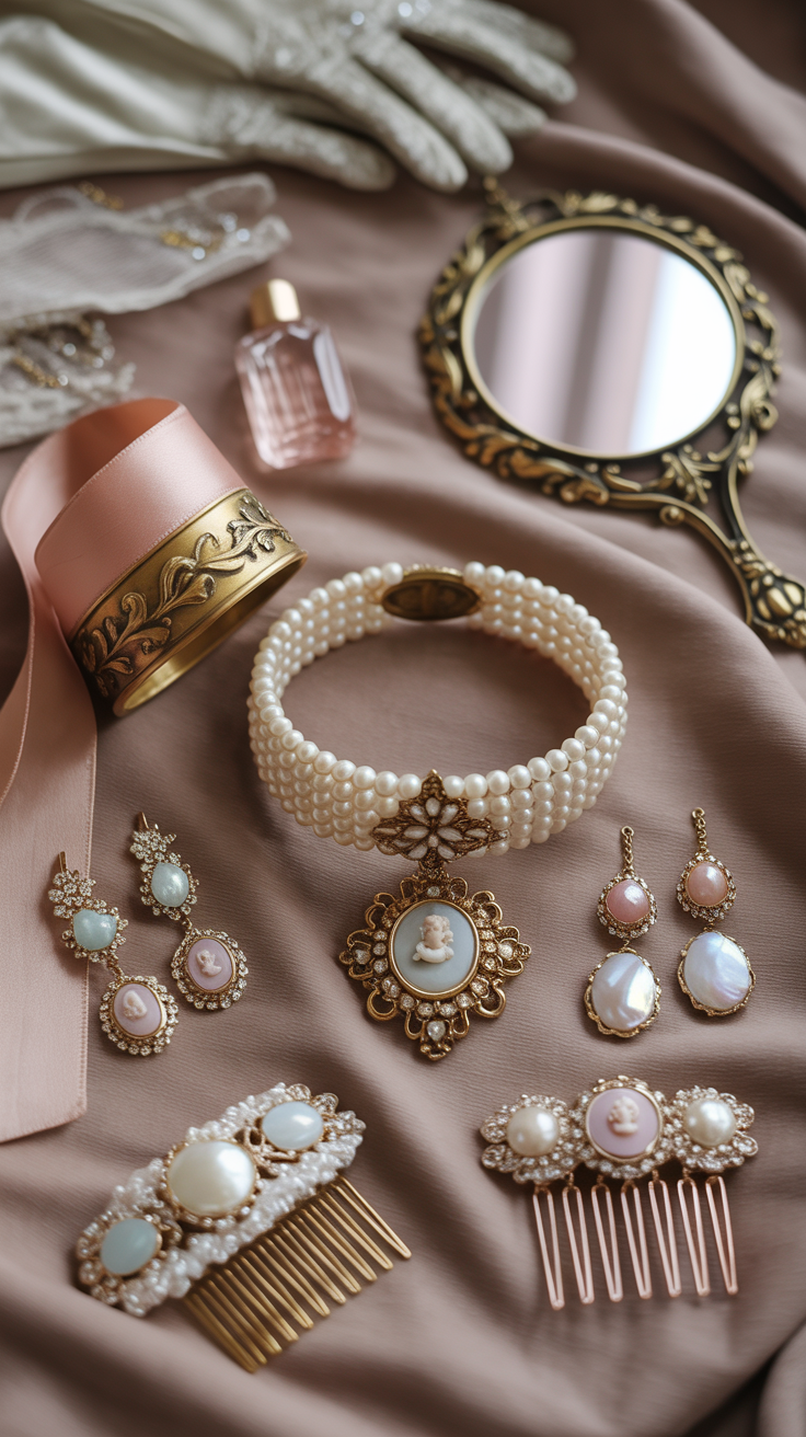 A delicate arrangement of ornate Rococo-inspired accessories laid out on a luxurious, velvet-draped surface. In the foreground, an intricately detailed necklace with pearls, crystals, and gilded filigree sits alongside a pair of lace-trimmed gloves and a bejeweled fan. In the middle ground, a powdered wig with cascading curls and a satin ribbon headpiece command attention. In the background, a baroque mirror reflects the opulent display, while shafts of soft, natural light illuminate the scene, casting a warm, ethereal glow.