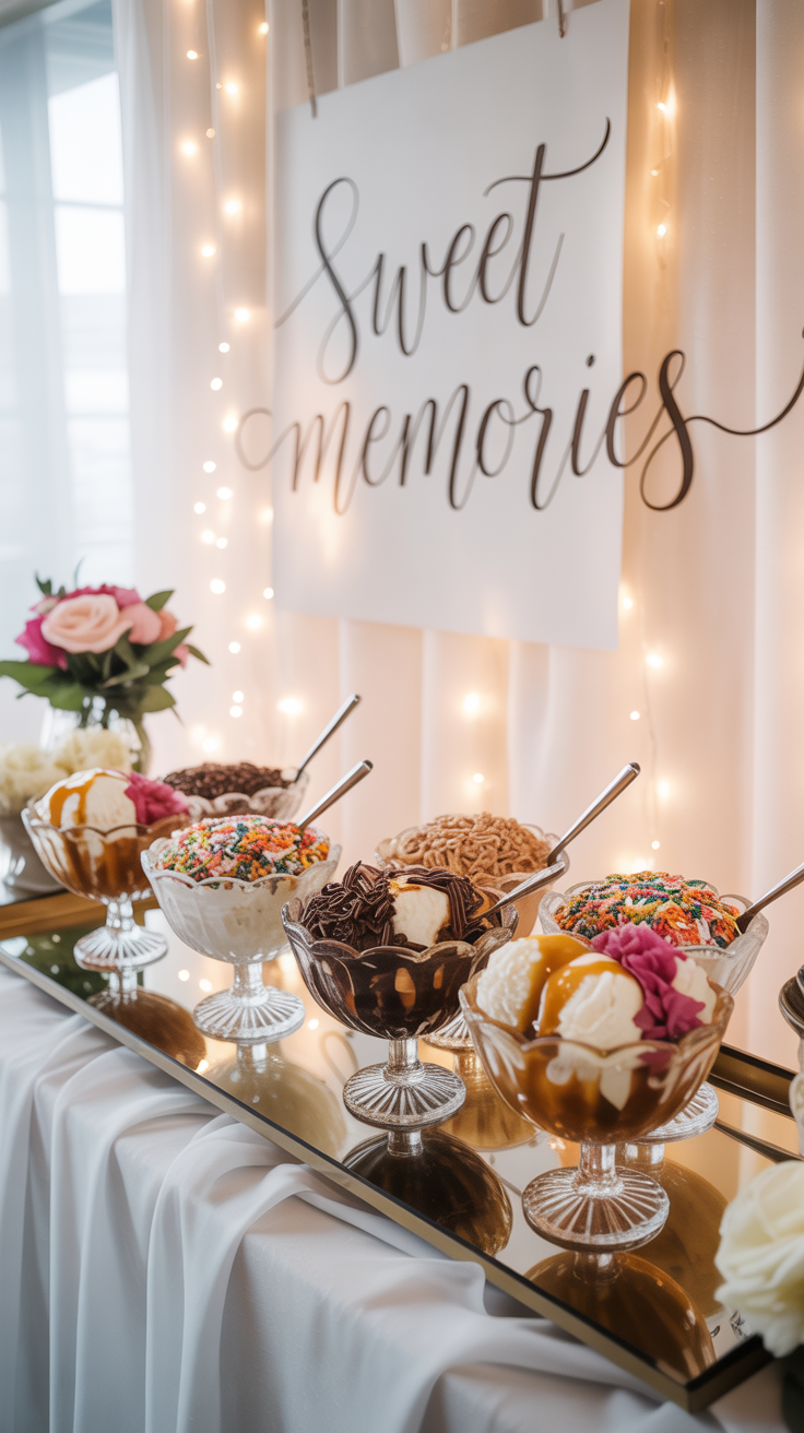 A luxurious and visually captivating sundae bar set against a backdrop of elegant marble countertops and soft lighting. In the foreground, an array of premium ice cream scoops in diverse flavors, complemented by an assortment of toppings arranged in gleaming glass bowls - from luscious chocolate sauce and sprinkles to fresh berries and toasted nuts. The middle ground features ornate serving utensils, artfully presented to encourage guests to customize their sundaes. The overall scene emanates a sense of sophistication and indulgence, setting the stage for a truly memorable summer party experience.