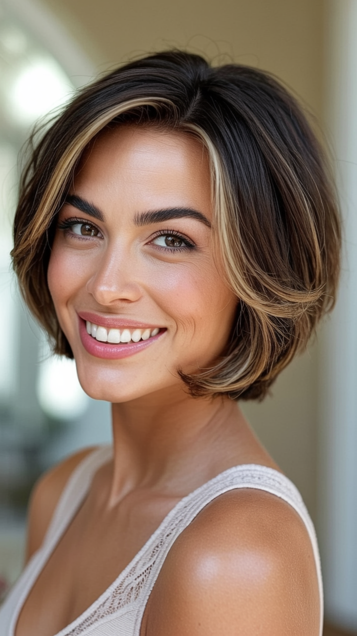 A well-styled short bob with volume-boosting layers for fine, thin hair. Soft natural lighting accentuates the layers and subtle waves, creating the illusion of fuller, thicker locks. The model's face is partially obscured, drawing the eye to the flattering hairstyle. The overall mood is polished and sophisticated, showcasing how a short bob can transform the appearance of thin, fine hair.