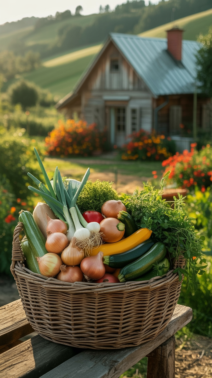 A sun-dappled farmhouse nestled amidst lush, rolling hills, its weathered wooden exterior embraced by a verdant garden bursting with fragrant blooms. In the foreground, a wicker basket overflows with freshly picked produce, its earthy tones complemented by the soft, muted palette of a vintage-inspired, high-resolution photograph. The scene is suffused with a warm, golden light, creating a sense of timeless tranquility and a tactile, lived-in charm. The camera's shallow depth of field gently blurs the background, drawing the viewer's eye to the simple pleasures of this idyllic, slow-living aesthetic.