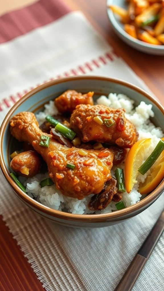 A bowl of Filipino Chicken Adobo Fried Style served over rice with green onions and lemon.