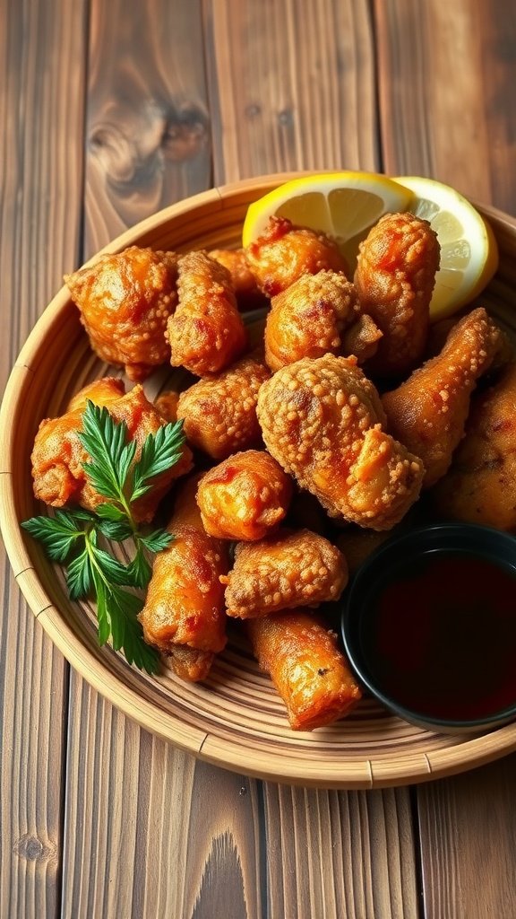 A delicious plate of Japanese Karaage Chicken, served with lemon wedges and garnished with parsley.