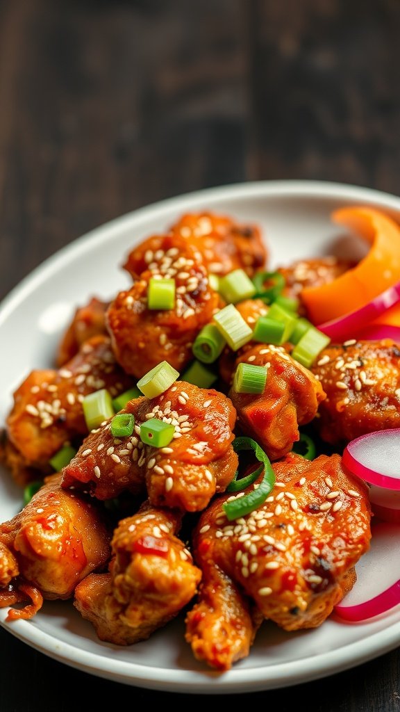 A plate of Korean spicy fried chicken garnished with sesame seeds and green onions